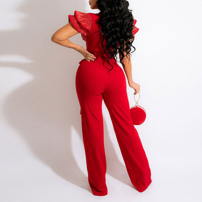 Sequins Sleeveless Ruffle Design Belted Jumpsuit