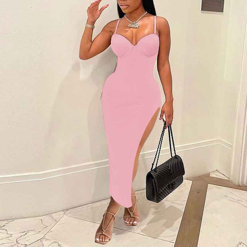 Solid Sleeveless High Slit Midi Dress