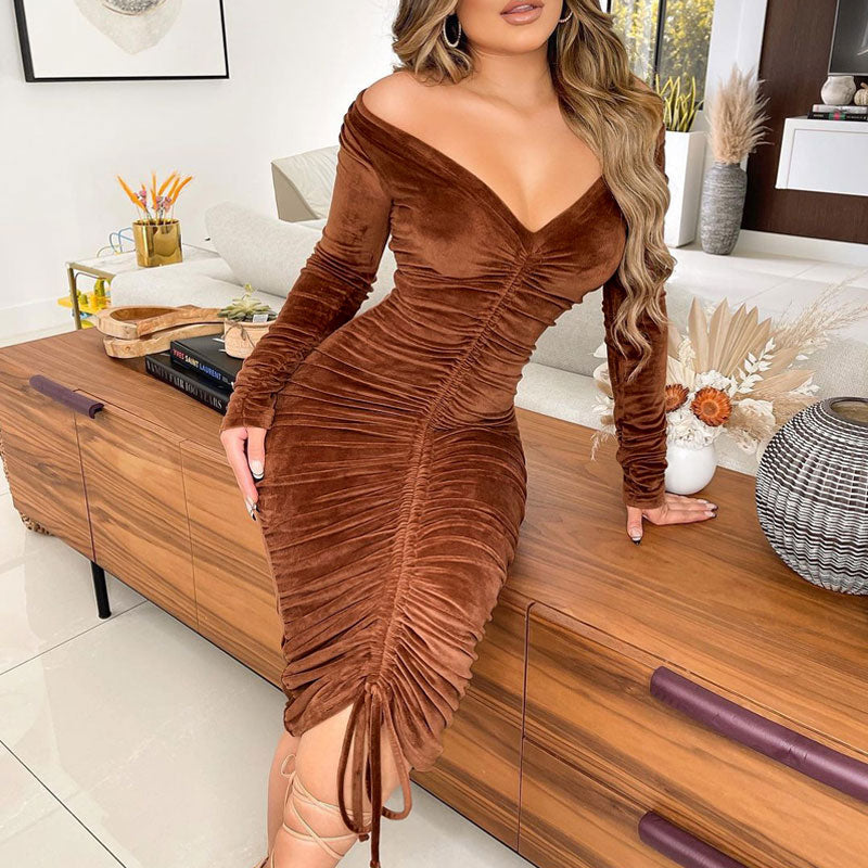 Velvet Off Shoulder Long Sleeve Drawstring Midi Dress