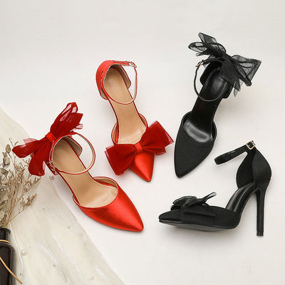 Pointed Toe Ankle Strap Bowknot Decoration Stiletto Heels