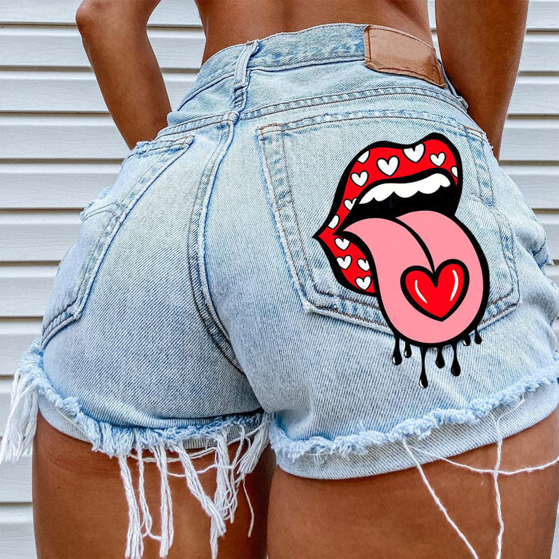 Lips Print High Waist Fringe Hem Denim Shorts