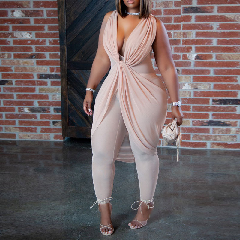 Solid Sleeveless Front Twisted Sheer Mesh Jumpsuit