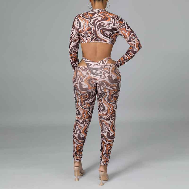 Print Long Sleeve Cut Out Skinny Jumpsuit