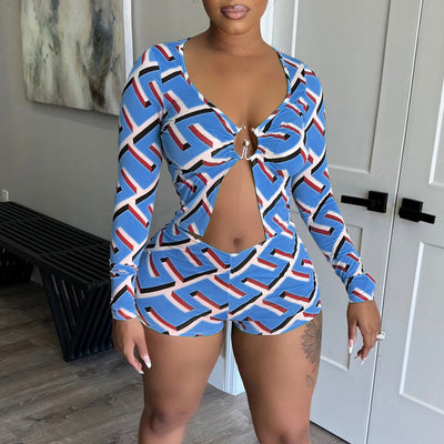 Print Long Sleeve Slit Top & Shorts Set