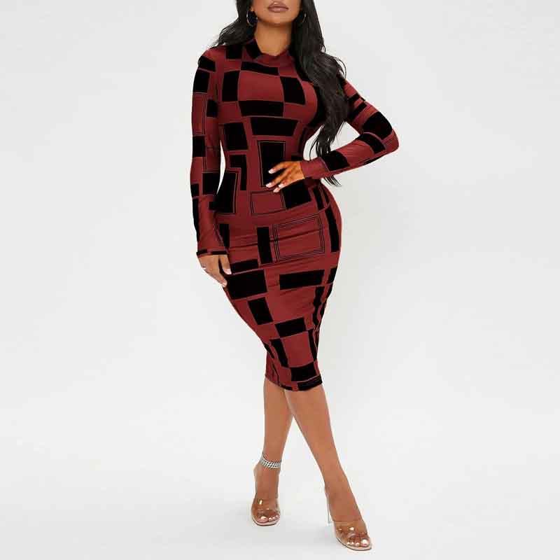 Print Long Sleeve Midi Dress