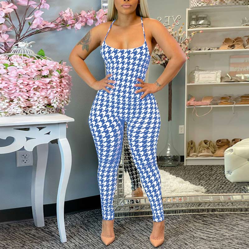 Houndstooth Print Sleeveless Spaghrtti Strap Jumpsuit