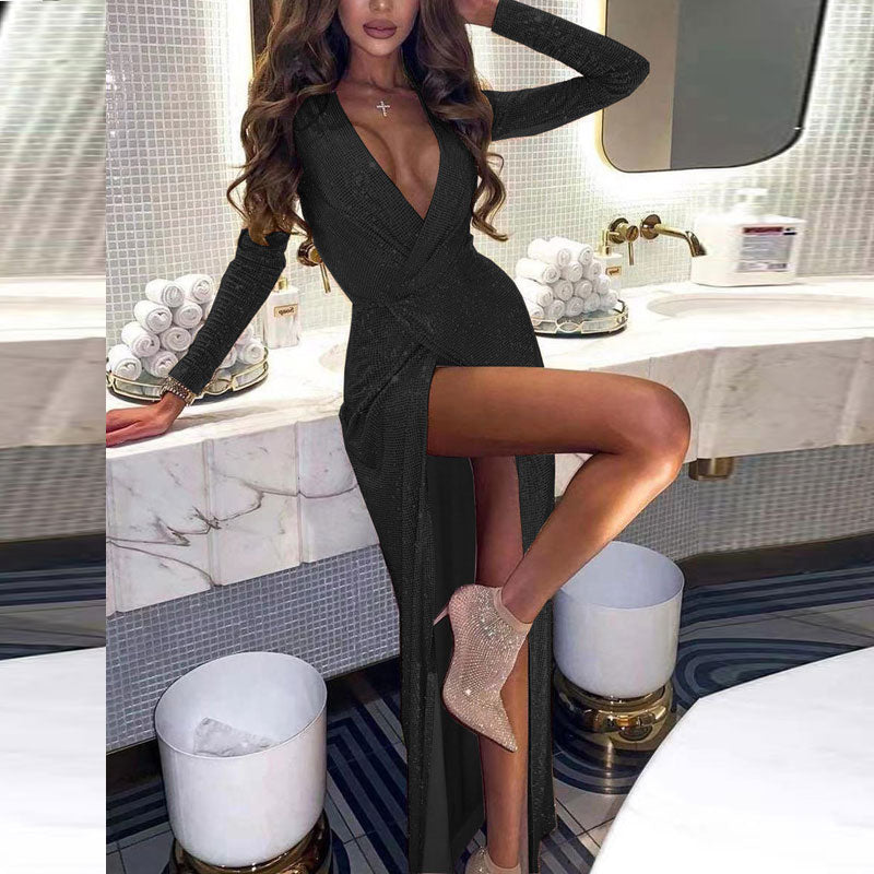 Glitter Deep V-Neck Long Sleeve High Slit Dress