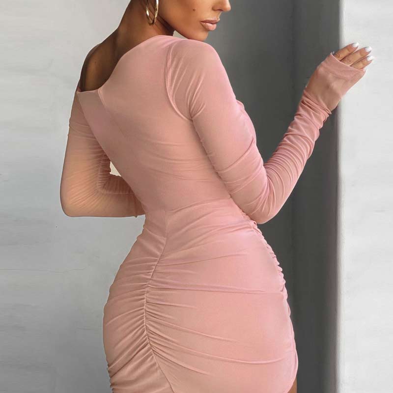 Solid One Shoulder Sheer Mesh Drawstring Bodycon Dress