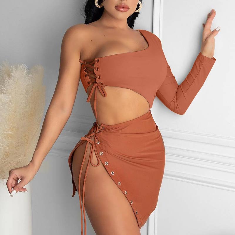 Solid One Shoulder Bandage Crop Top & Skirt Set