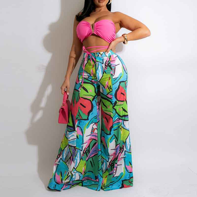 Print Bandage Tube Top & Wide Leg Pants Set