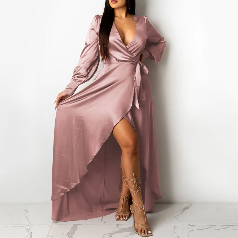 Solid Deep V-Neck Long Sleeve High Slit Floor-Length Dress