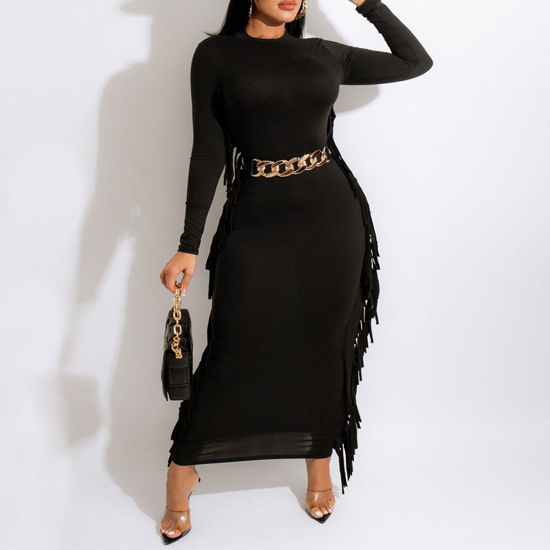 Solid Long Sleeve Tassel Design Maxi Dress