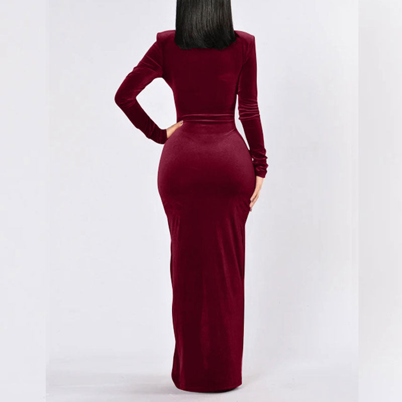 Solid Deep V-Neck Long Sleeve High Slit Maxi Dress