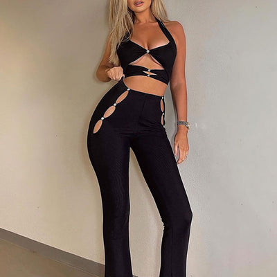 Solid Halter Hollow Out 2PCS Pants Set