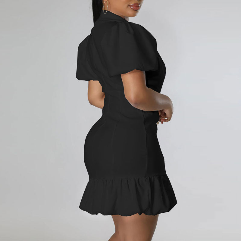 Solid V-Neck Puff Sleeve Double Breasted Fishtail Mini Dress