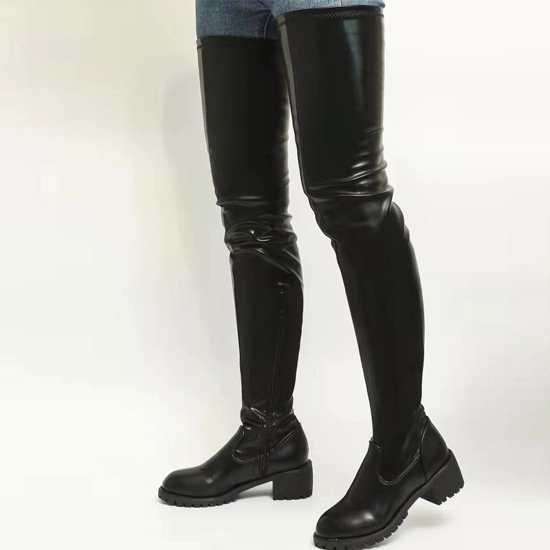 Solid PU Leather Knee-High Boots