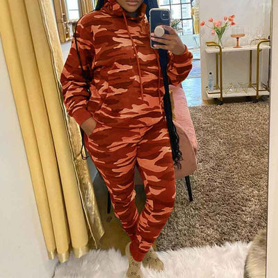 Camouflage Pattern Long Sleeve Hoodie Top & Pants Set