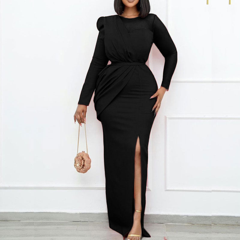 Solid Mesh Long Sleeve High Slit Maxi Dress