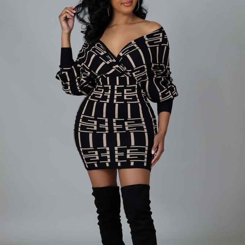 Print Off Shoulder Long Sleeve Bodycon Dress