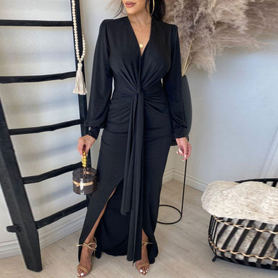 Solid V-Neck Long Sleeve High Slit Shirt Dress