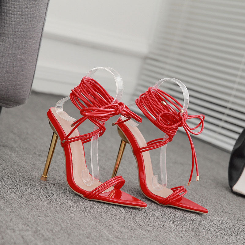 Solid Pointed Toe Bandage Thin Heeled Sandals