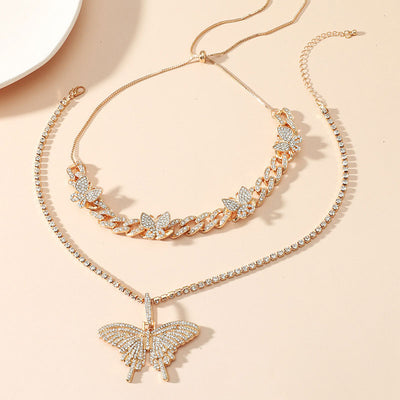 Rhinestone Butterfly Pattern Layered Necklace