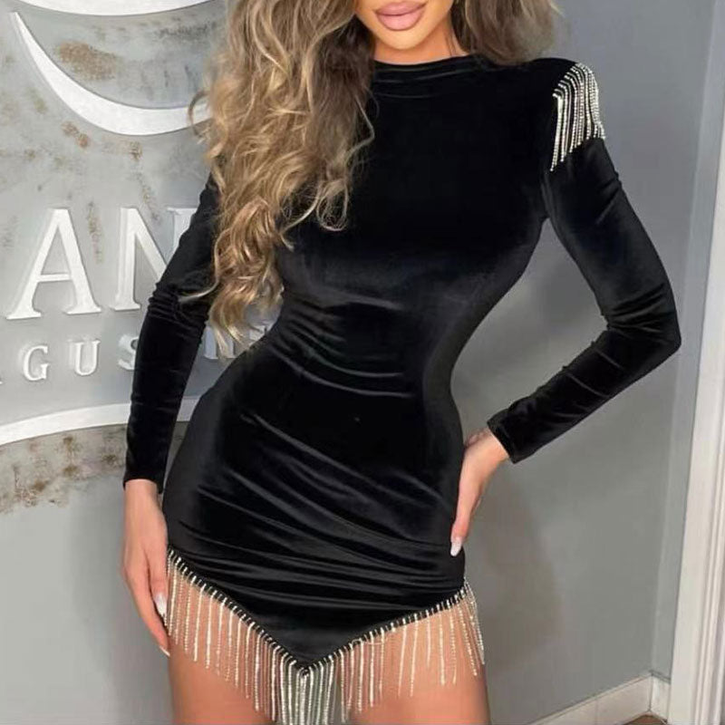 Rhinestone Velvet Long Sleeve Tassel Design Bodycon Dress