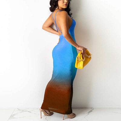 Gradient Color Sleeveless Backless Maxi Dress