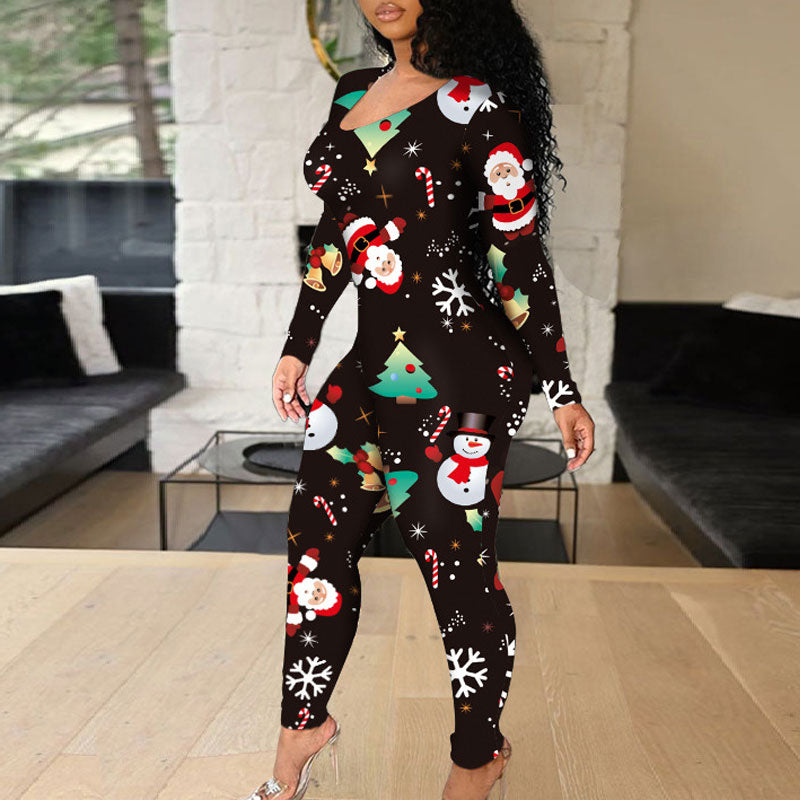 Christmas Print Long Sleeve Hollow Out Lace Up Jumpsuit