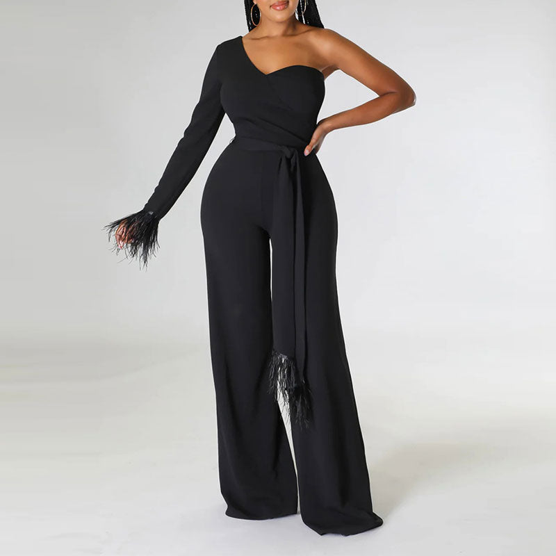 Solid One Shoulder Feather Design Belted Jumpsuit