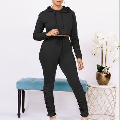 Solid Stacket Long Sleeve Drawstring Hoodie Top & Pants Set