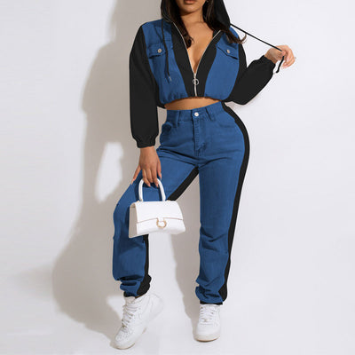 Colorblock Long Sleeve Denim Hoodie Top & Pants Set