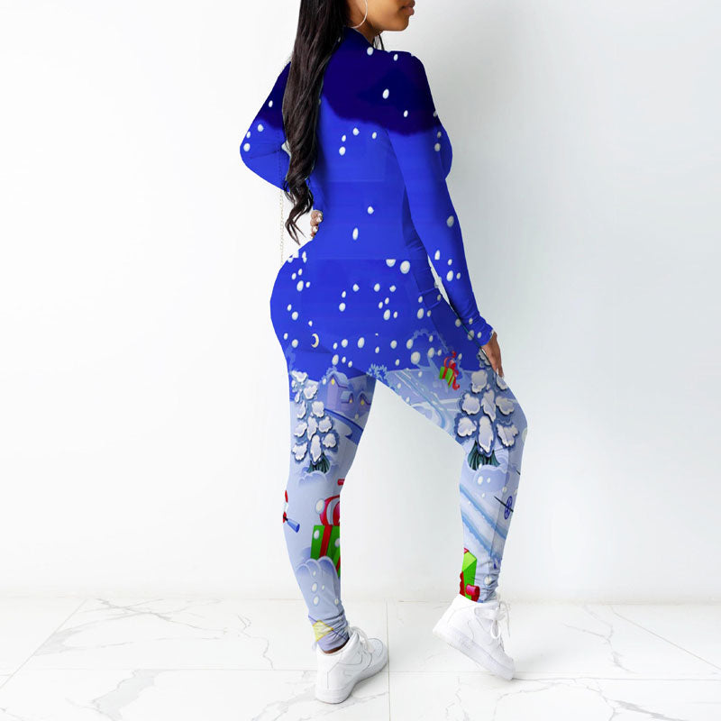 Christmas Pattern Long Sleeve Zipper Design Skinny Jumpsuit