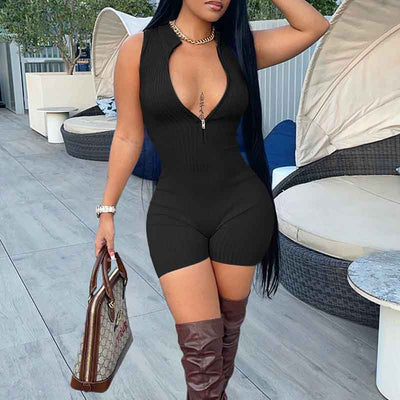 Solid Sleeveless Zipper Design Romper