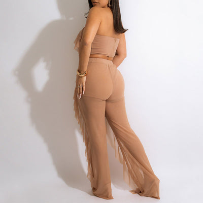 Solid Ruffle Design Off Shoulder Tube Top & Pants Set