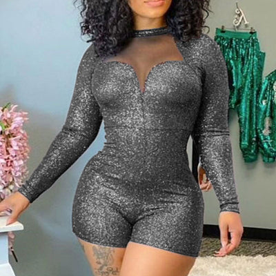 Glitter Long Sleeve Sheer Mesh Patchwork Romper