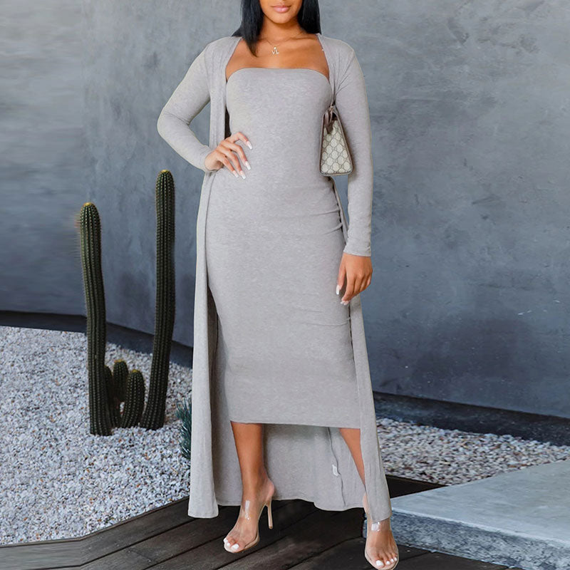 Solid Bandeau Midi Dress & Cover Coat Set