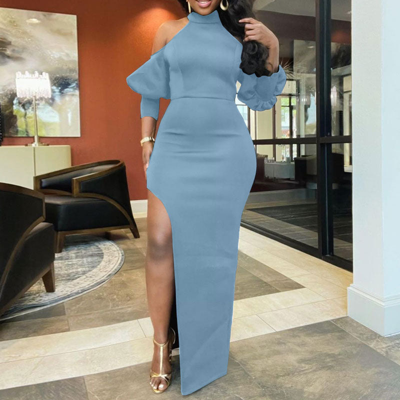 Solid Cold Shoulder Long Sleeve High Slit Maxi Dress