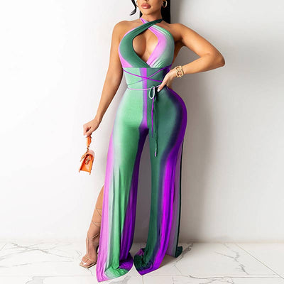 Colorblock Sleeveless Halter Cut Out Bandage Slit Jumpsuit