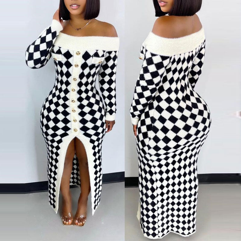 Checkerboard Pattern Off Shoulder Long Sleeve High Slit Sweater Dress