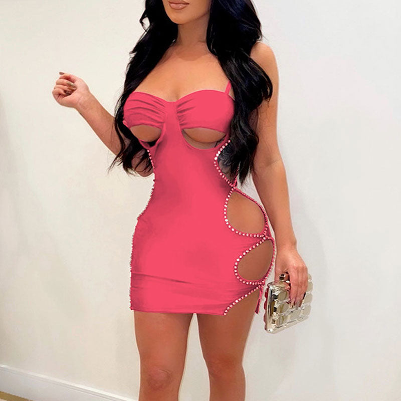 Rhinestone Sleeveless Cut Out Mini Dress