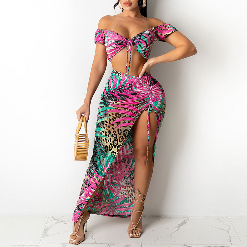 Leaf Pattern Off Shoulder Bandage Crop Top & Skirt Set