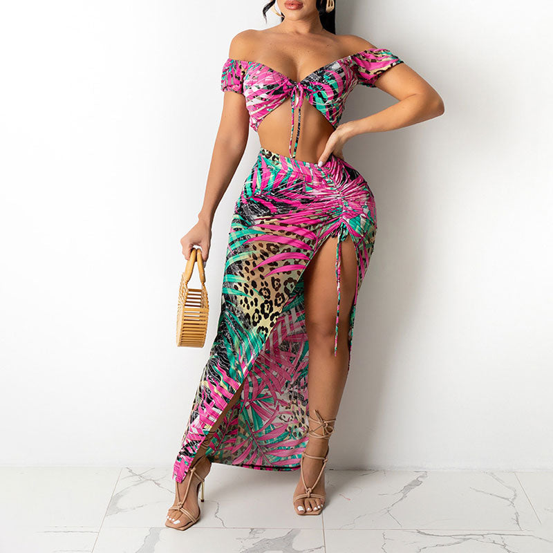 Print Off Shoulder Tube Top & High Slit Skirt Set