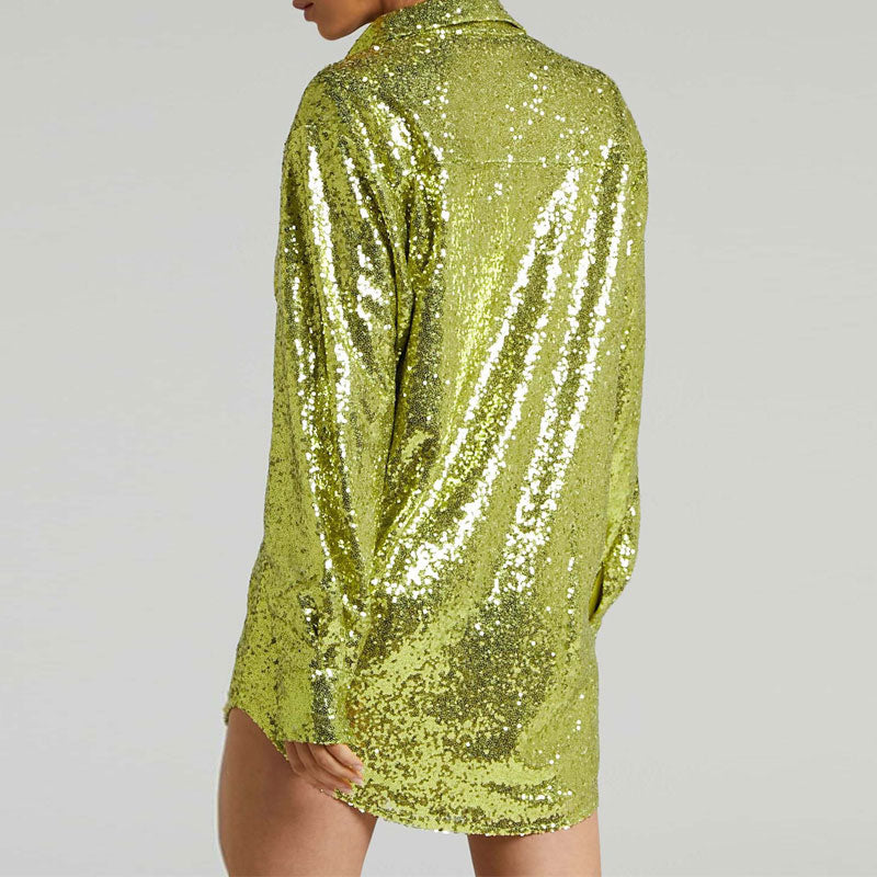 Sequins Long Sleeve Shirt Dress