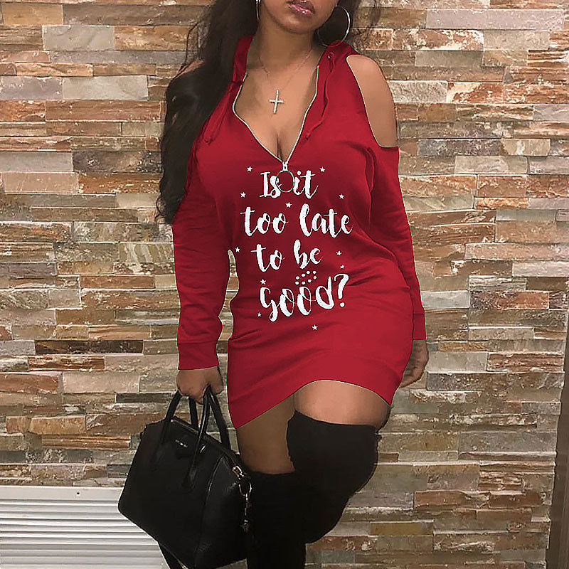 Letter Print Cold Shoulder Long Sleeve Hoodie Dress