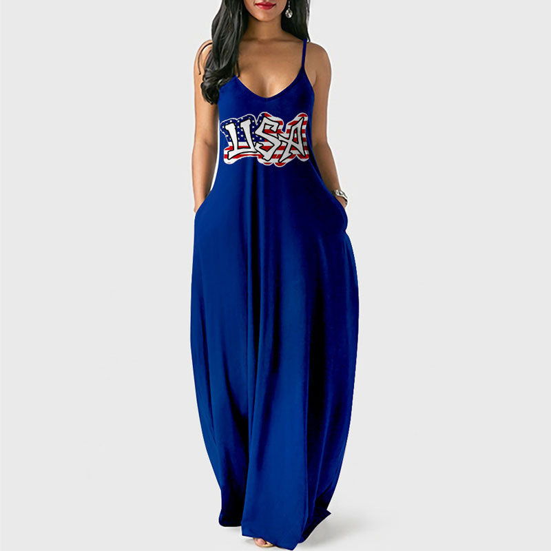 Independence Day Letter Print Sleeveless Loose Maxi Dress