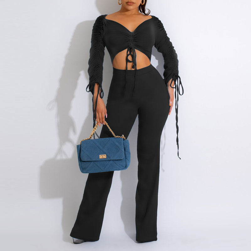 Solid V-Neck Long Sleeve Drawstring Crop Top & Pants Set