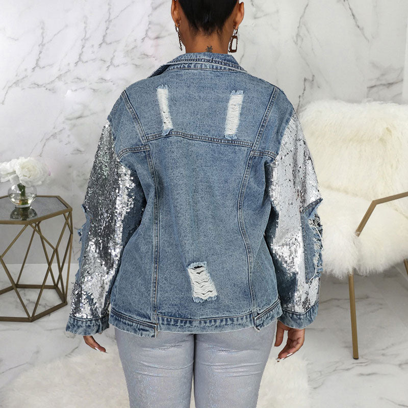 Sequins Long Sleeve Cut Out Denim Coat