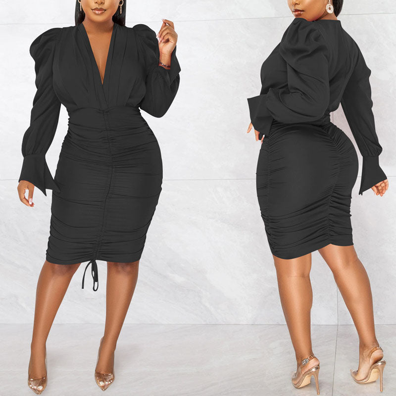 Solid V-Neck Puff Sleeve Ruched Bodycon Dress