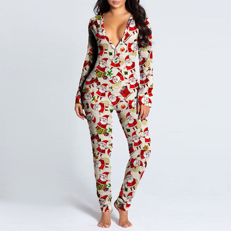 Christmas Pattern Deep V-Neck Long Sleeve Jumpsuit